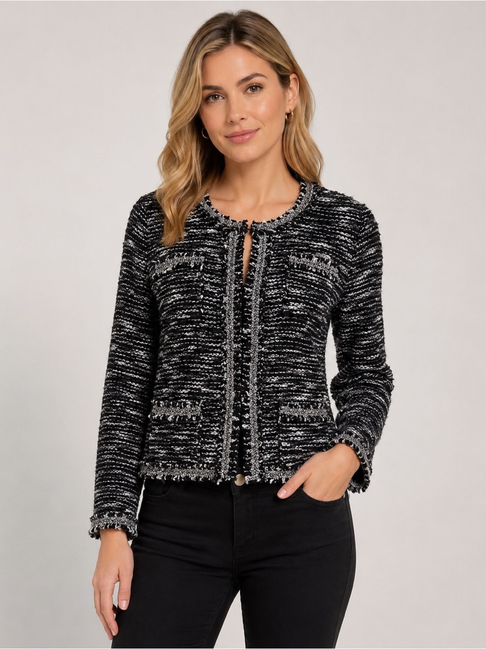 NWT Black & White Tweed Sweater Blazer with Shimmering Silver Accents, Size L